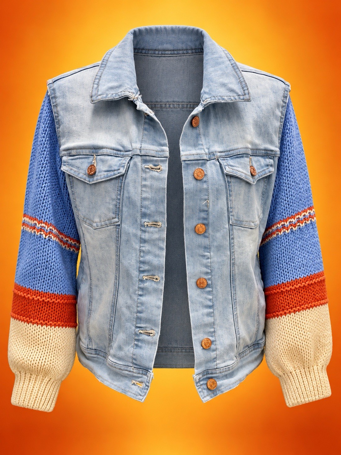 RARE OOAK Woman’s L Upcycled Denim Jacket Golden Girls Thug Life Knit Sleeves