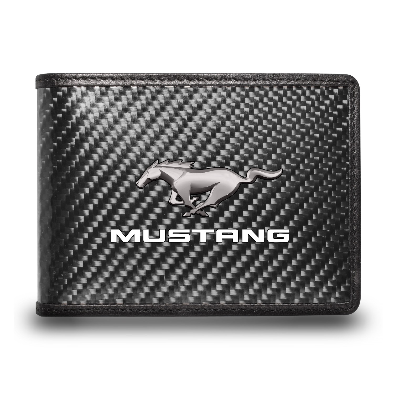 Ford Mustang Black Real Carbon Fiber Leather RFID Blocking Bi-fold Wallet