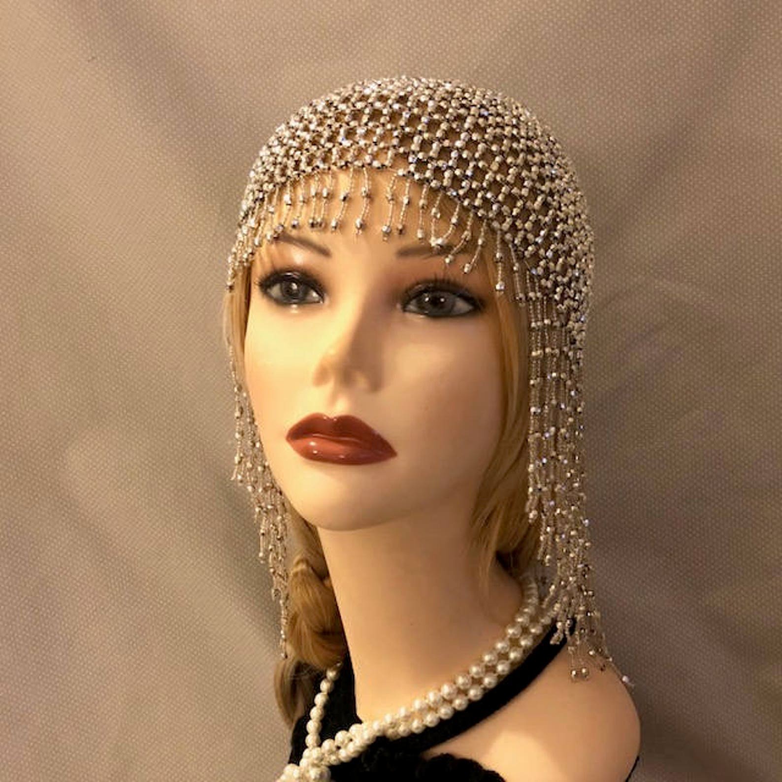 1920s style FULLY Beaded Silver Fringe FLAPPER Head cap skull headpiece