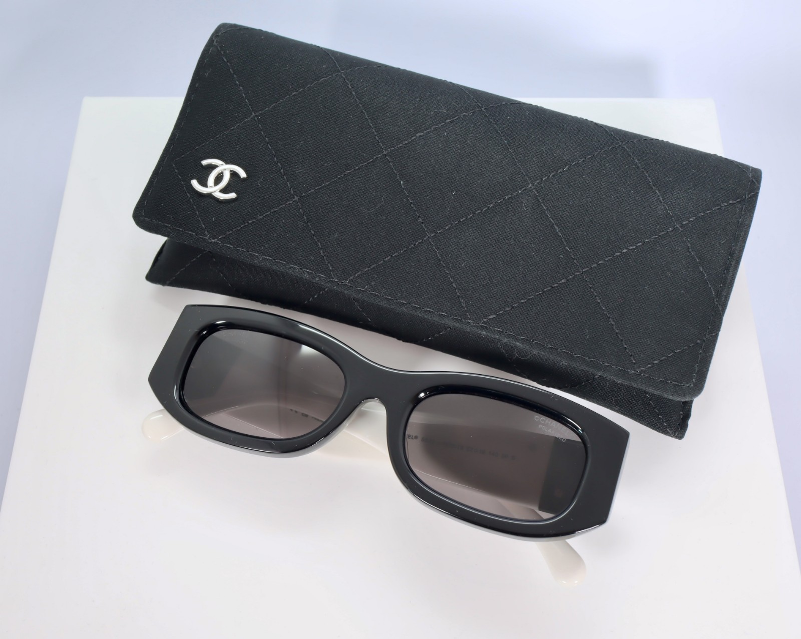 Chanel CH5525 52mm Rectangle Sunglasses in Black/White w. Polarized Gray Lens
