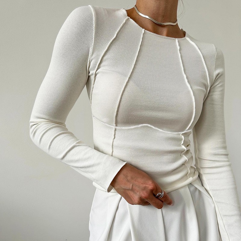 Women\'s Slim Long Sleeve Knit Top with Seam Detail White Asian Size L
