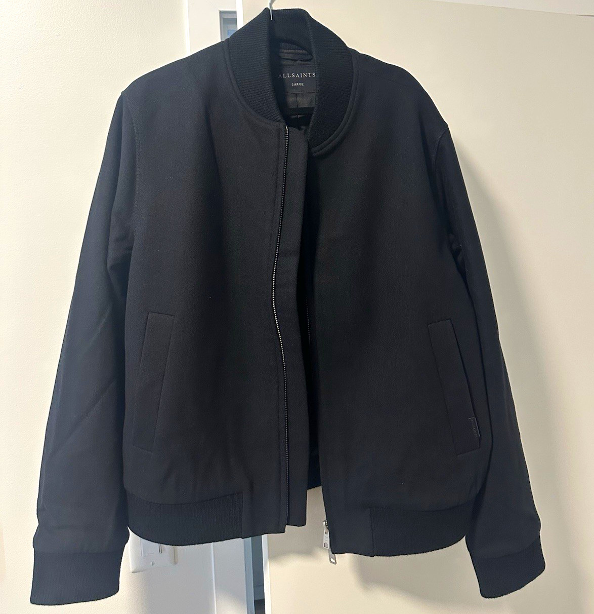 AllSaints Deceit Bomber Jacket Black Mens L Full Zip Band Collar