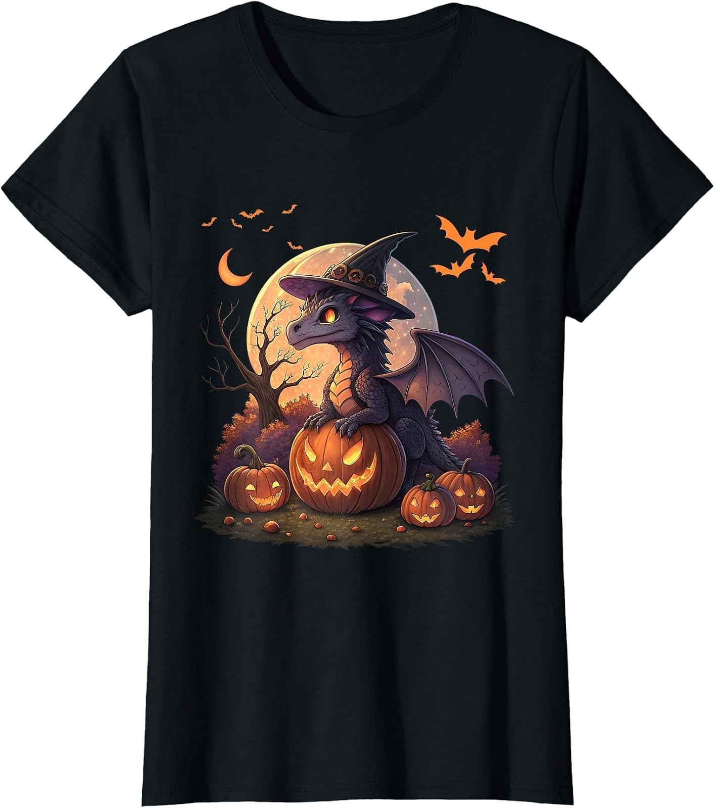 Cute Halloween Dragon Witch Hat Pumpkin Moon Fantasy T-Shirt