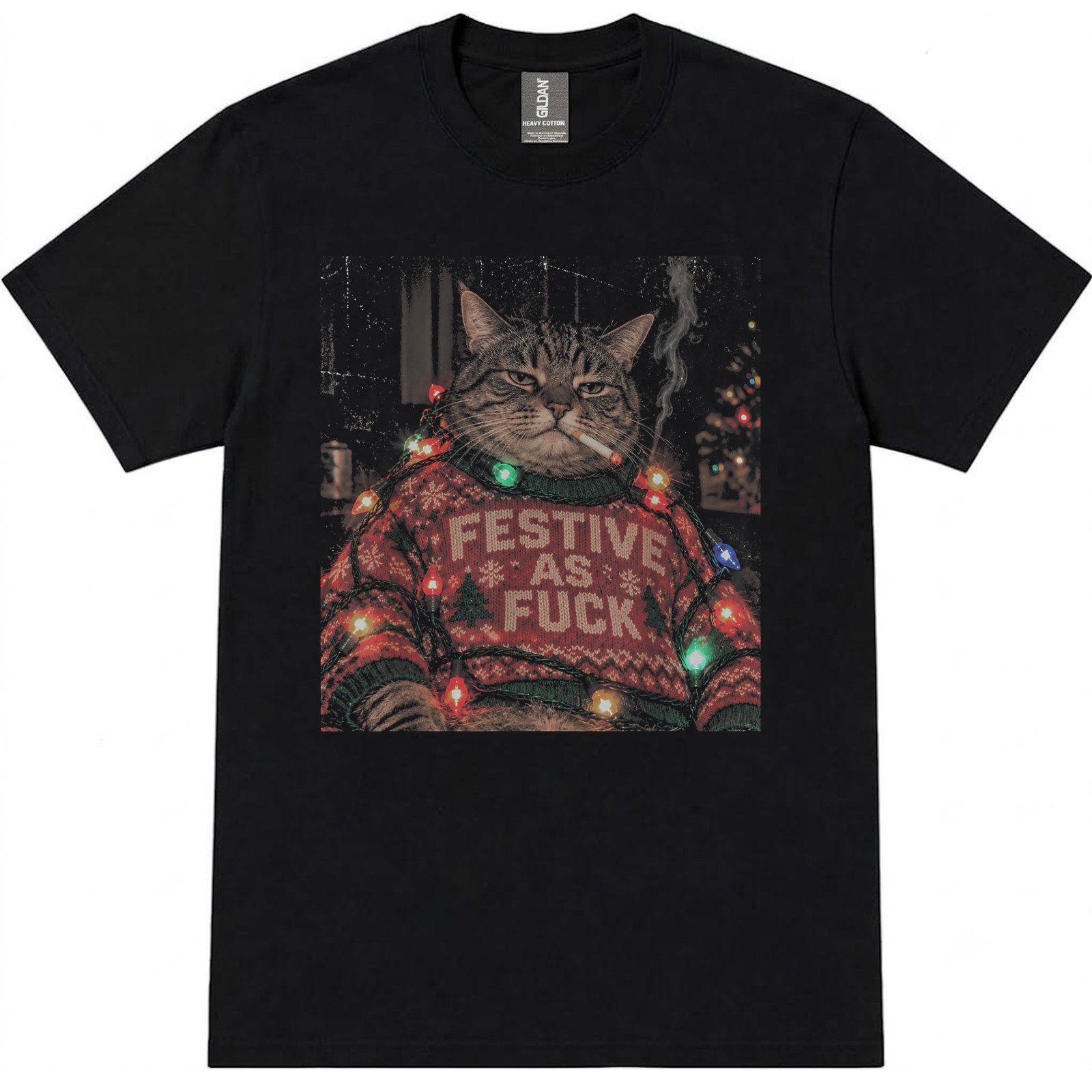 Retro Funny Black Cat Smoking Festive As FCK Meme Graphic T-Shirt