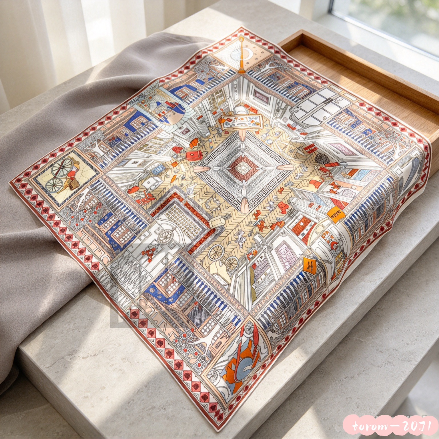 Hermès Women Vintage urban architectural print pattern Square silk scarf 35*35in
