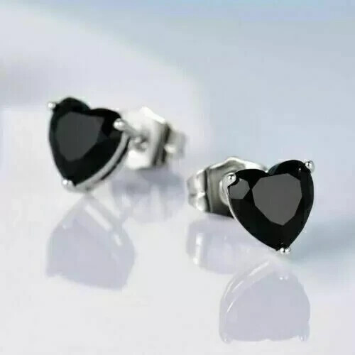 2Ct Lab Created Black Diamond Heart Shape Stud Earrings 14k White Gold Plated