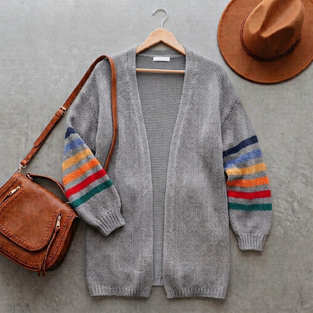Women\'s Longline Oversized Chunky Knit Cardigan Gray Striped  Rainbow Sleeves