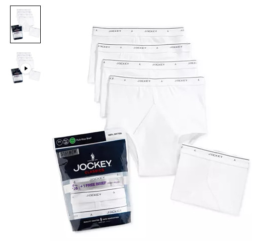Men\'s Jockey 4-Pack + 1 Free 100% Cotton White Classics Full-Rise Staynew Briefs