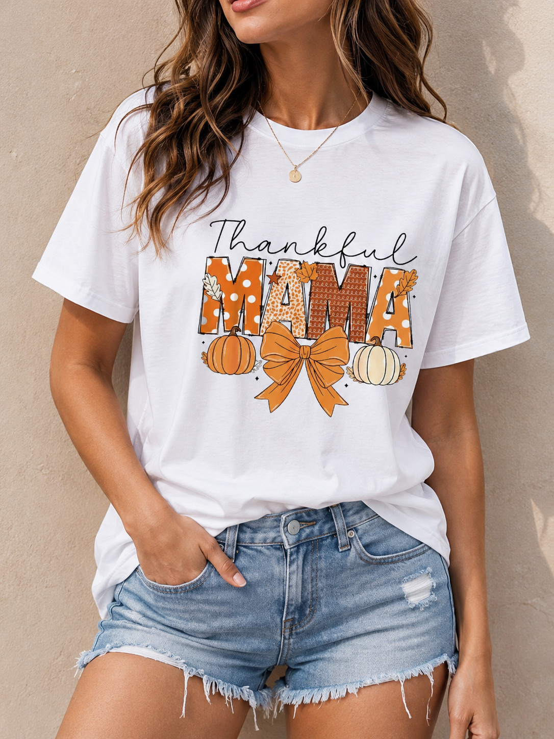 Cute Thankful Mama Thanksgiving Shirt Pumpkin Bow Fall Graphic Tee