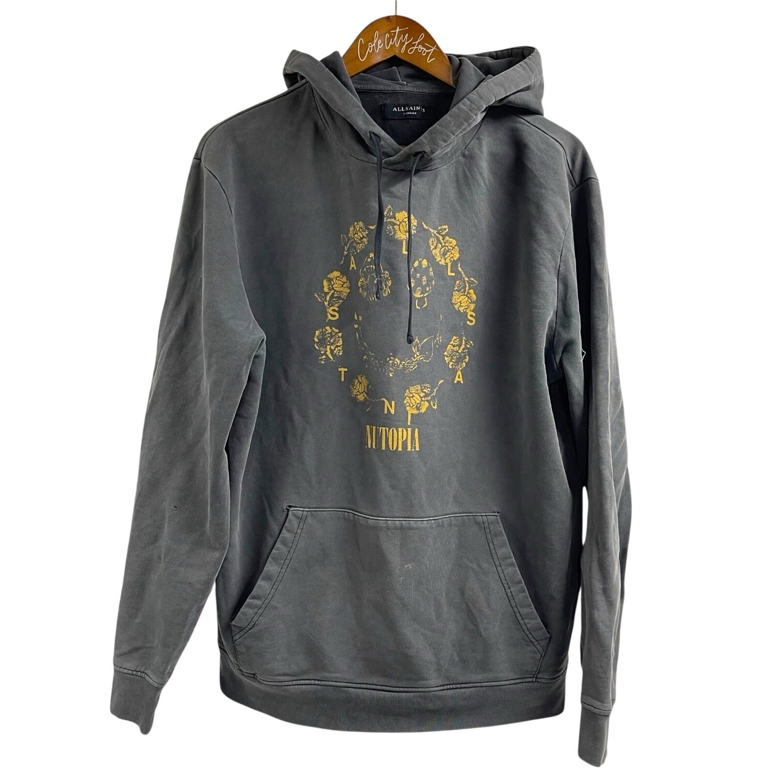 Allsaints Posie OTH Hoodie Men’s XS Nutopia Mushrooms Gray Distressed Cotton