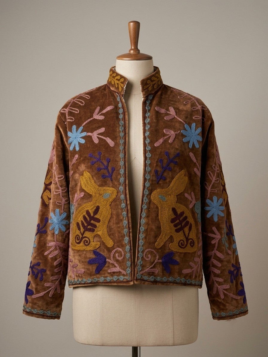 Vintage Rabbit Embroidered Velvet Jacket Brown Bunny Boho Floral Coat Women
