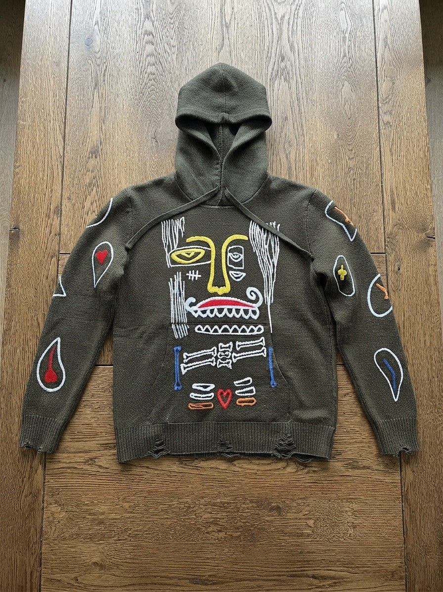 Olive Green Artistic Graffiti Style Face Knit Hoodie with distressed hem