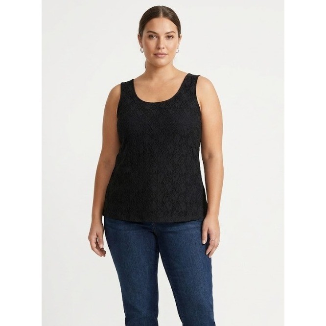 New Chico\'s Sleeveless Top size XL/3 Black Contemporary Knit Floral Lace Stretch