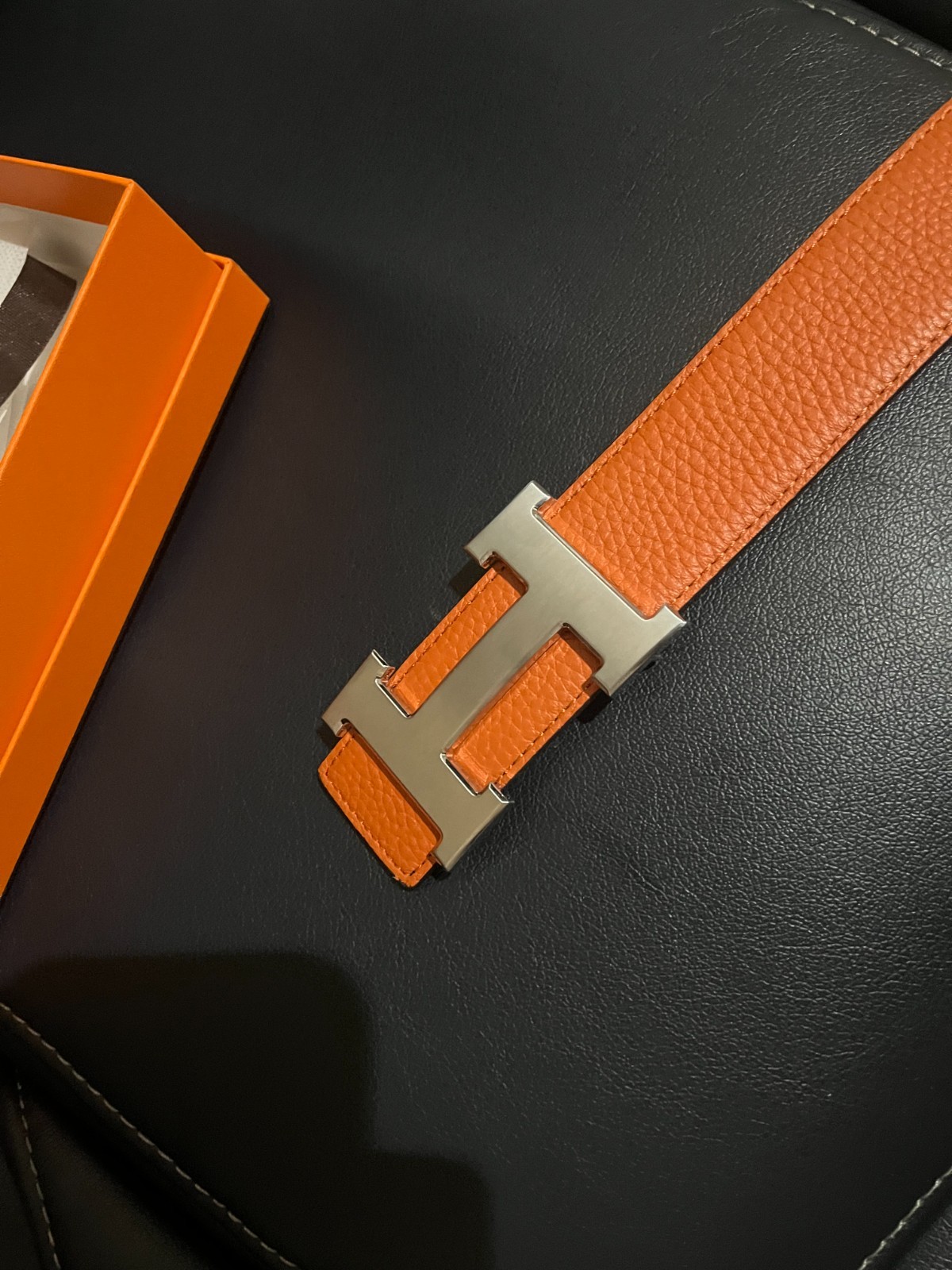 Hermes Men\'s Belt 32  Buckle silver with tags and Box Reversible Black/orange