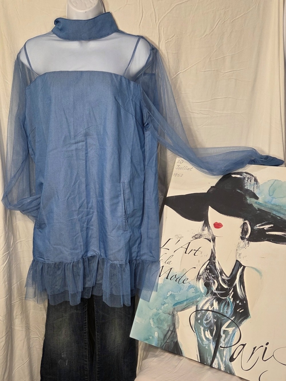 Sheer Layered Light Blue Tunic with Mesh Yoke