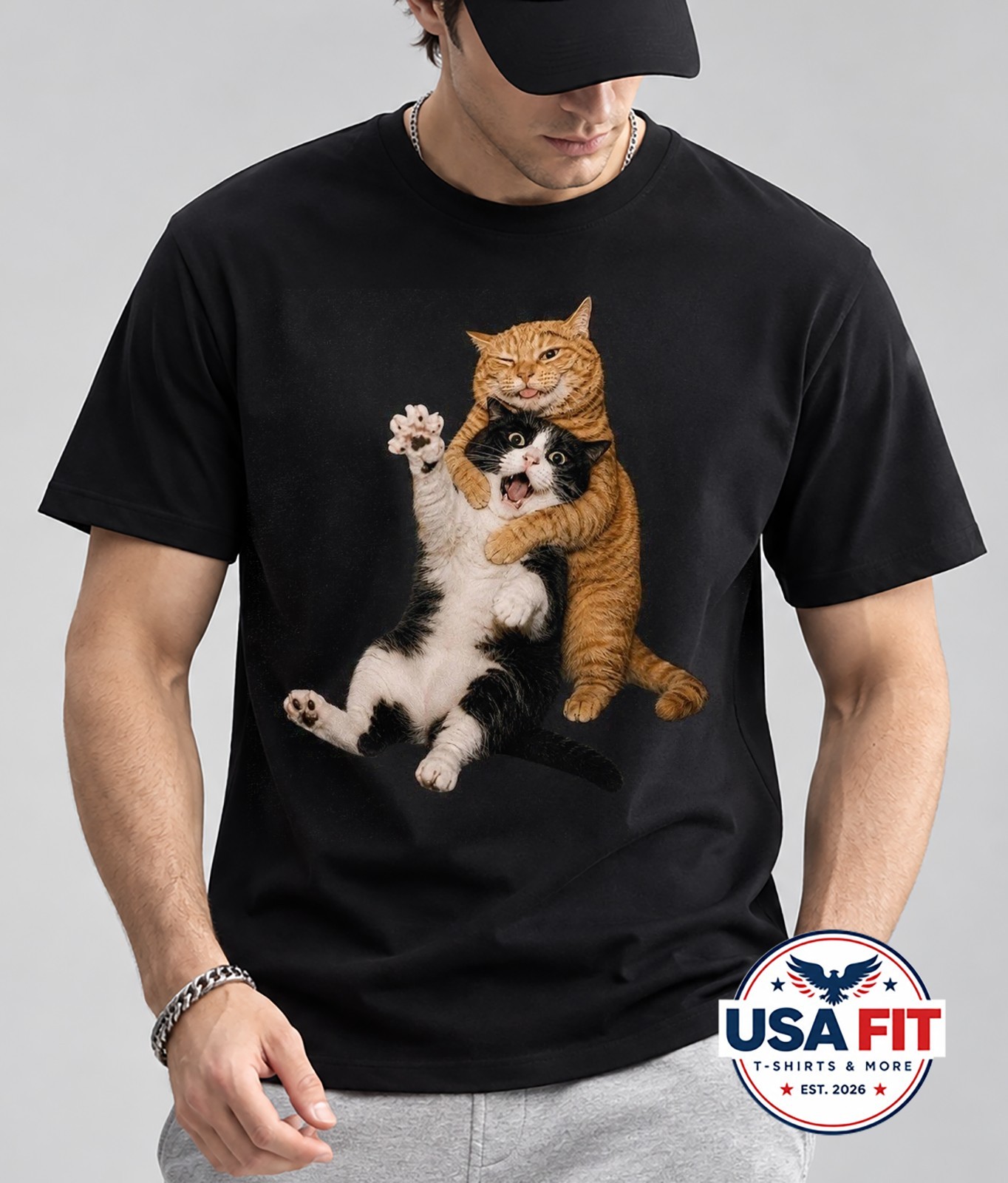 Funny Orange Cat Hugging Scared Cat T-Shirt