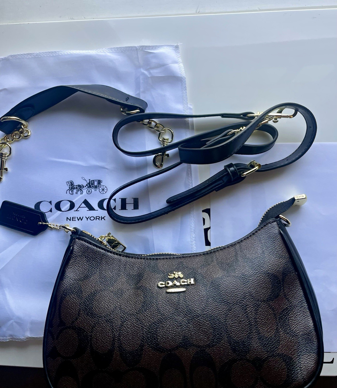 Coach Signature Canvas Shoulder Bag Brown Black Gold 3 Straps Dust Bag NWOT