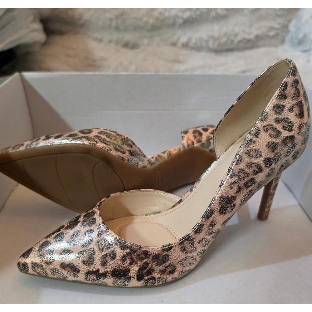 NWT Nine West Evrytim Gold Shimmer Leopard d\'Orsay Pumps Pointed Toe Size 6.5
