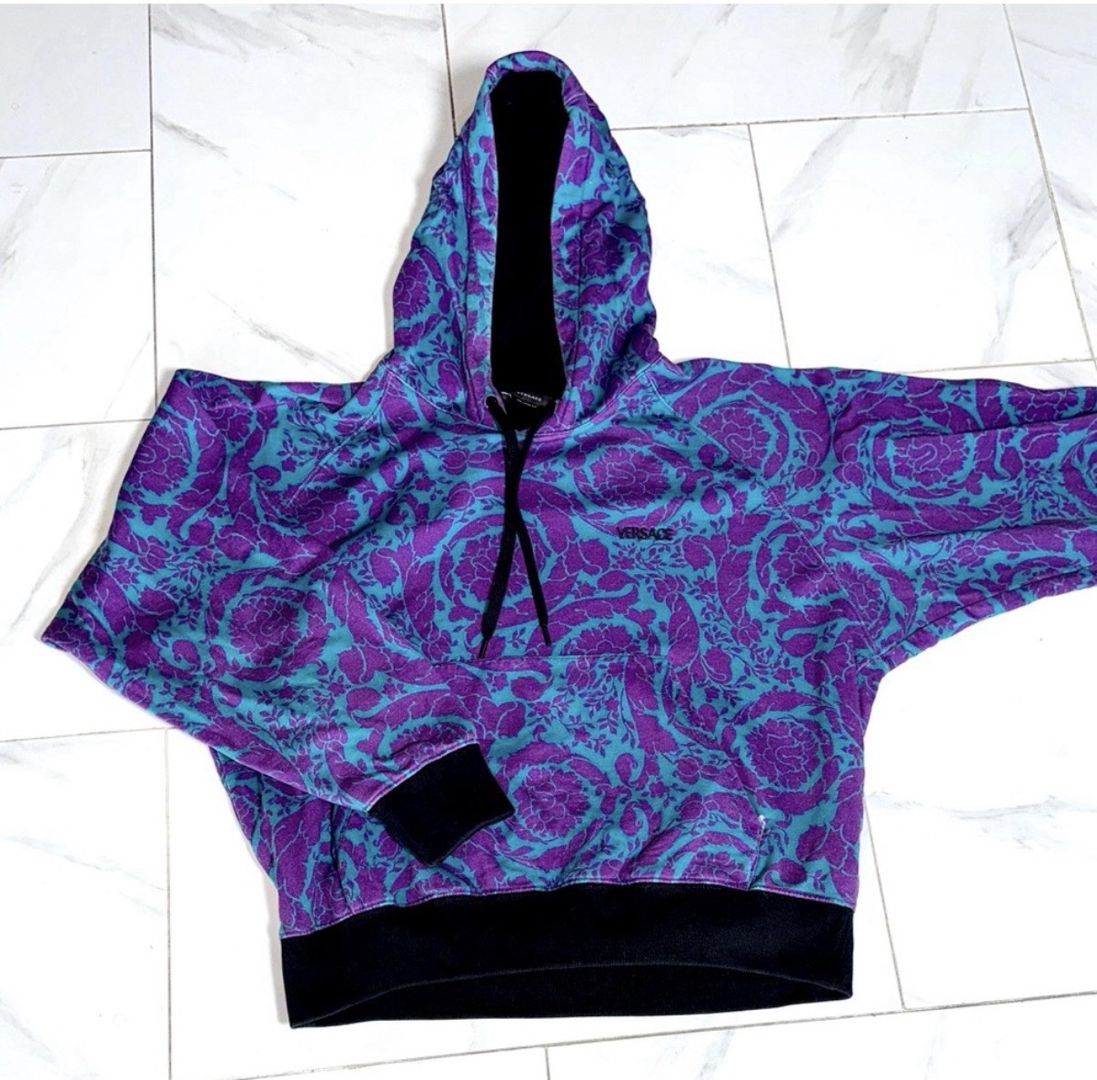 Versace Baroque Floral Print Purple & Teal Hoodie — Originally $1,475