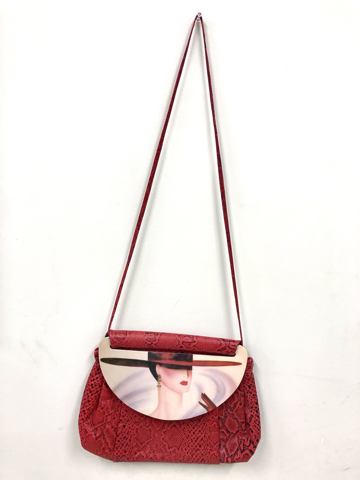 Patricia Smith Vintage 80s Moon Bag Hand Painted Lacquer Face Red Python Leather