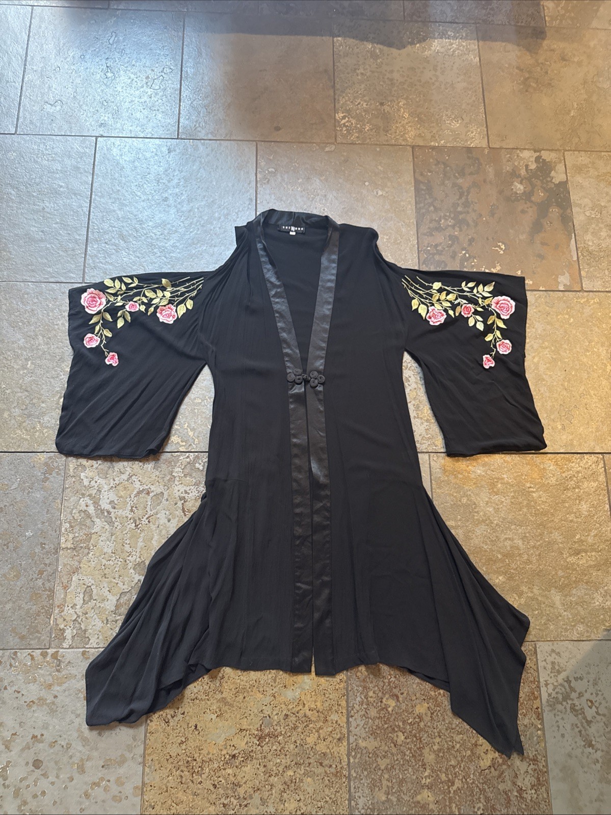 Vintage Sue Wong Black Embroidered Rayon Draped Asymmetrical Kimono Size Large