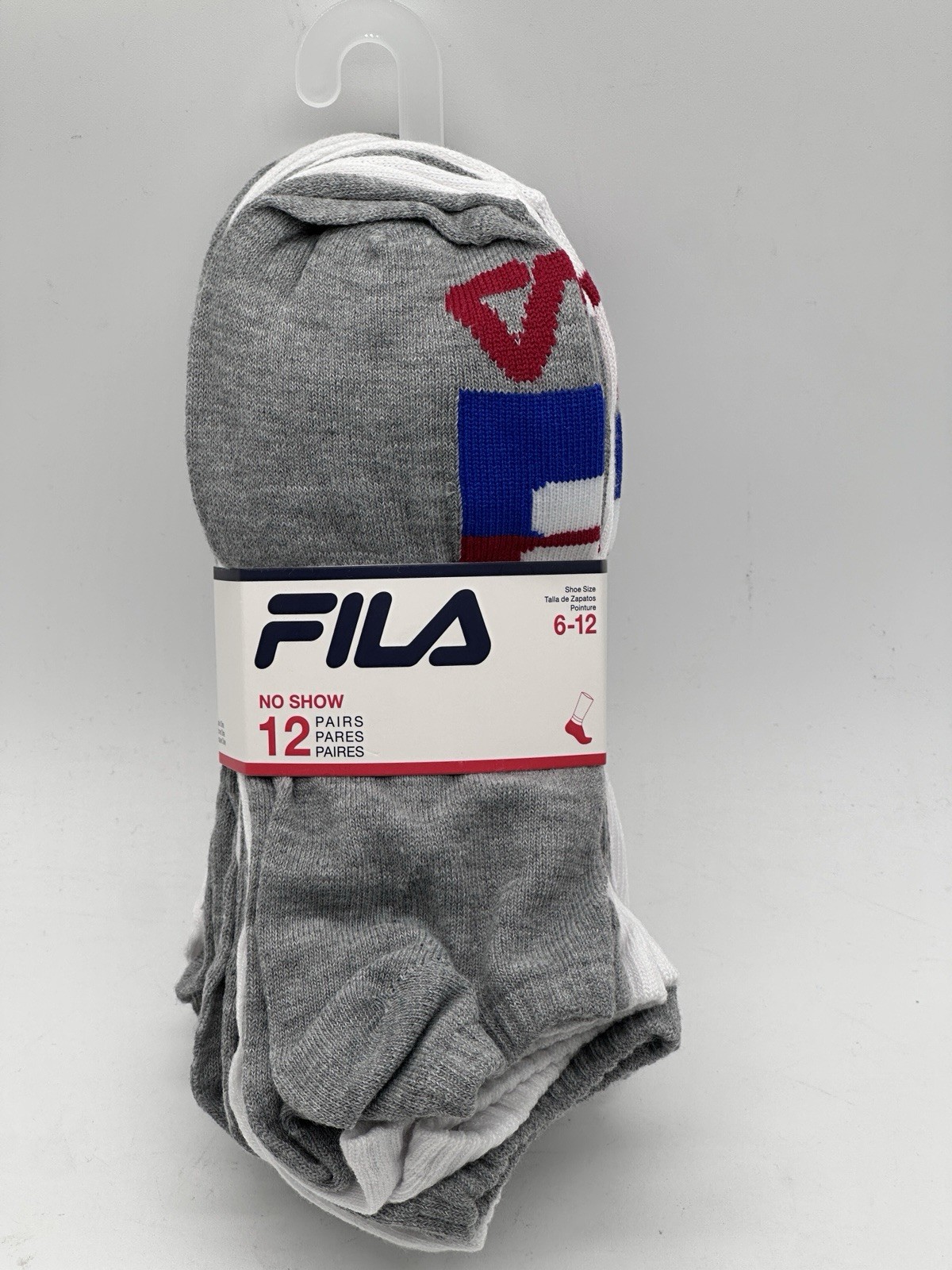 NEW 12 PAIR PACK MENS FILA NO SHOW SOCKS SIZE 6-12 WHITE / GREY/ BLUE / RED