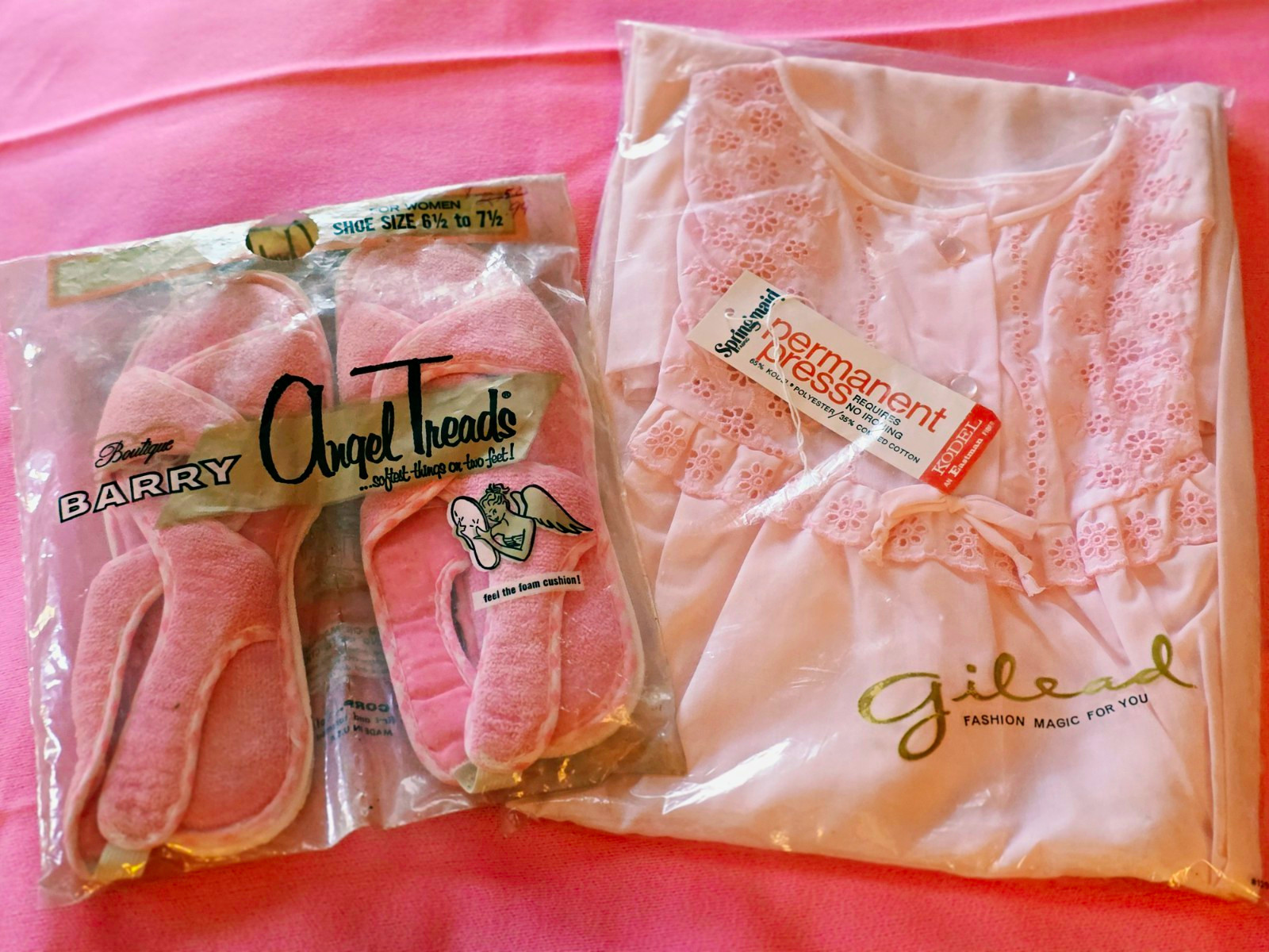 Vtg 60s/70s Pink Deadstock Set: Gilead Nightgown & Barry Angel Treads Slippers