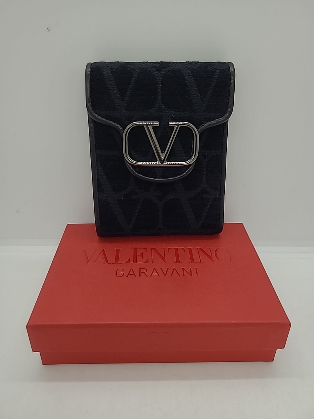 New Valentino Gavarani V Logo RFID Black Textile Wallet Nero Black/Silver