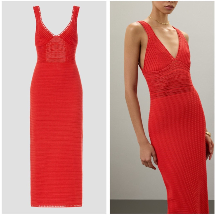 Ronny Kobo Maxi Dress Medium Red Orange Open Back Curve Hugging Knit Crochet
