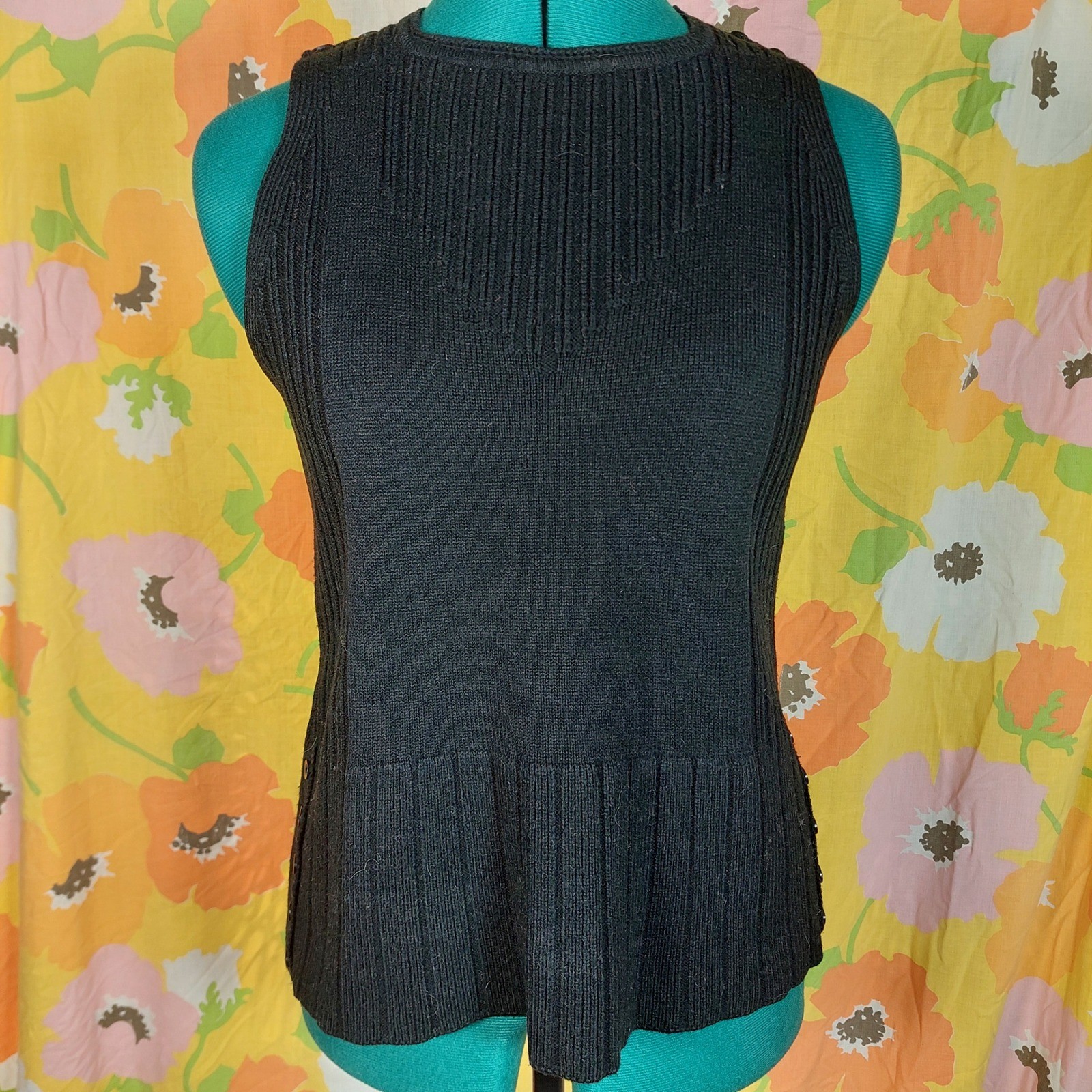 Vintage 70s Duet Creations Black Knit Sleeveless Shell Top Button Detail Medium