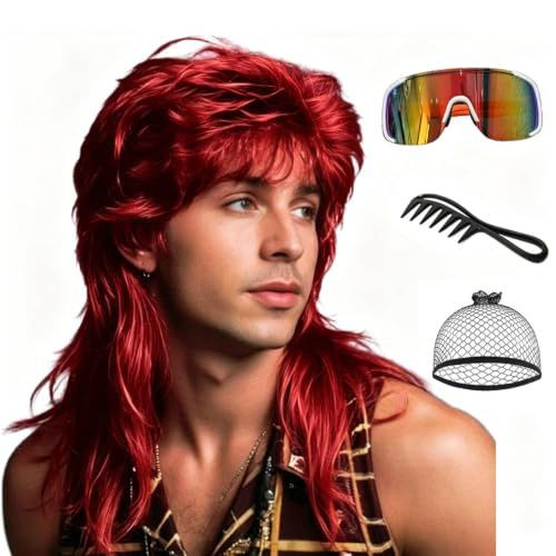 Men\'s 80s Rock Mullet Wig, Retro Punk Heavy‑Metal Costume 2-Bright Red