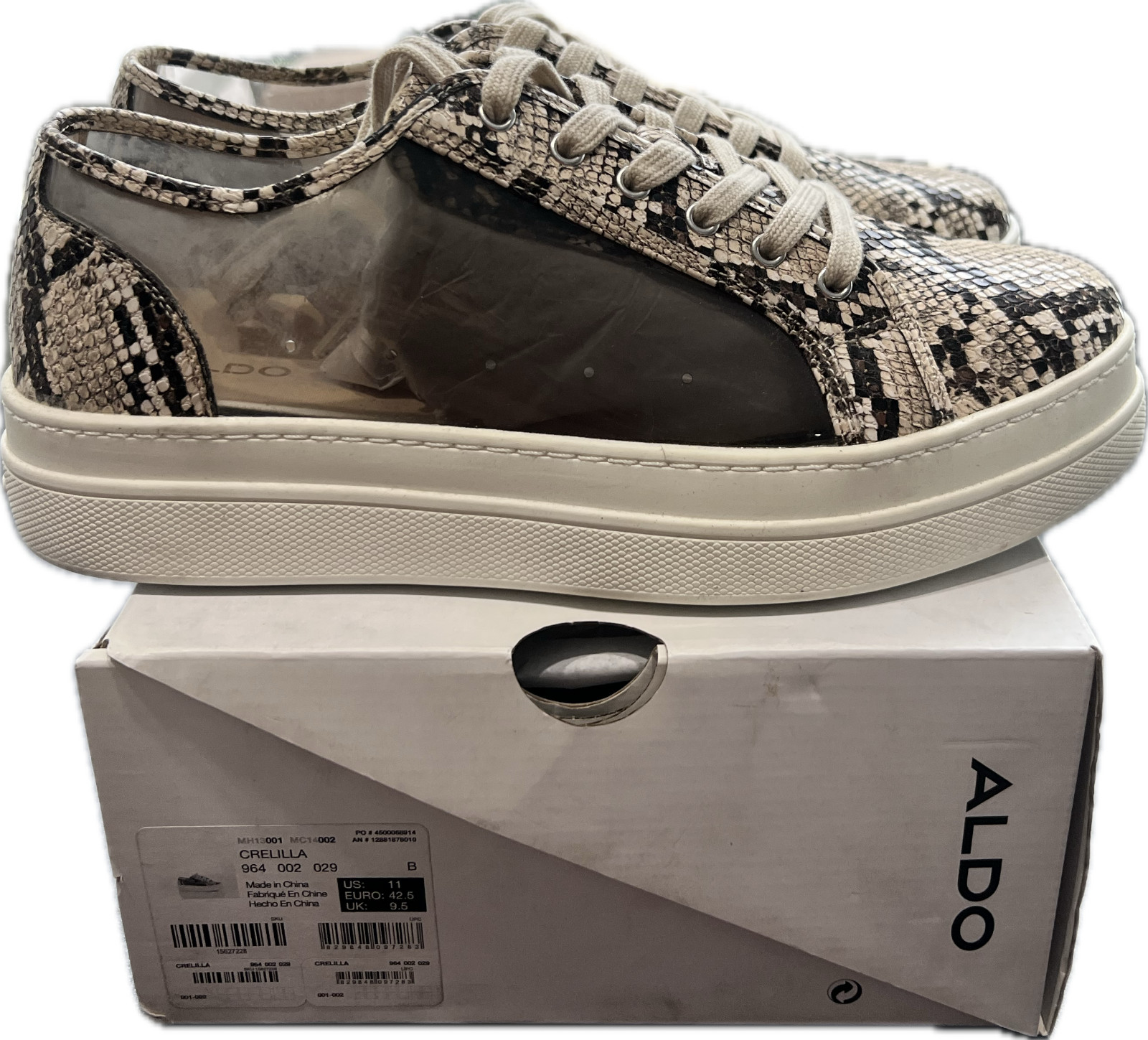 ALDO Crellila Women’s Snakeskin Clear Transparent Low Top Sneakers 