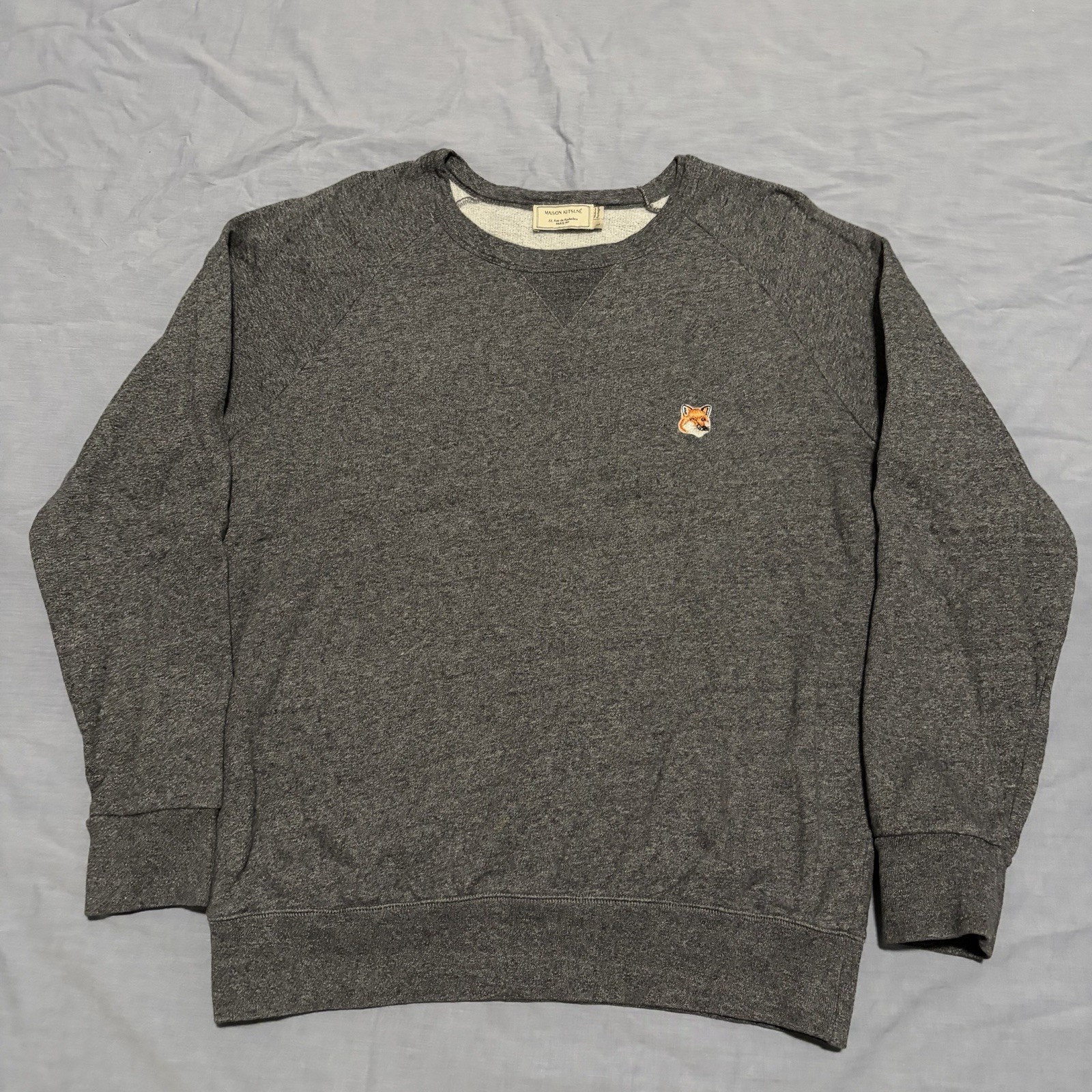 Maison Kitsune Sweatshirt Mens Large Gray Fox Head Patch Embroidered Crewneck