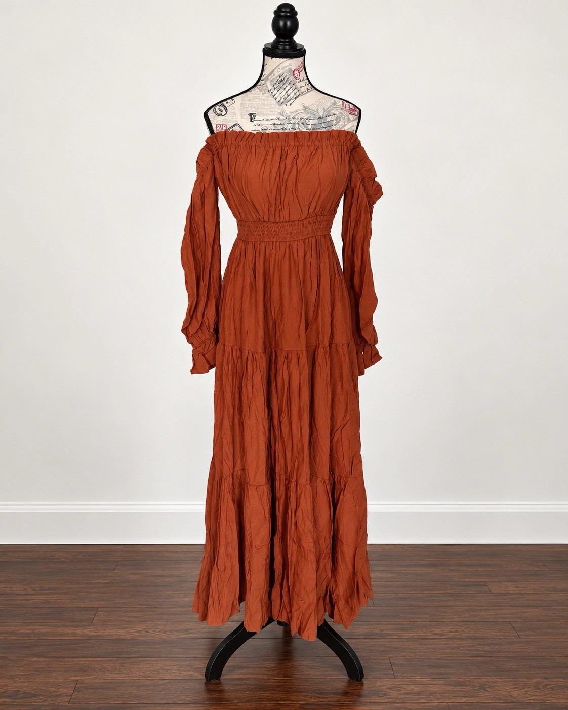 ZESICA Women’s Rust Orange Off Shoulder Maxi Dress Long Sleeve Boho Tiered