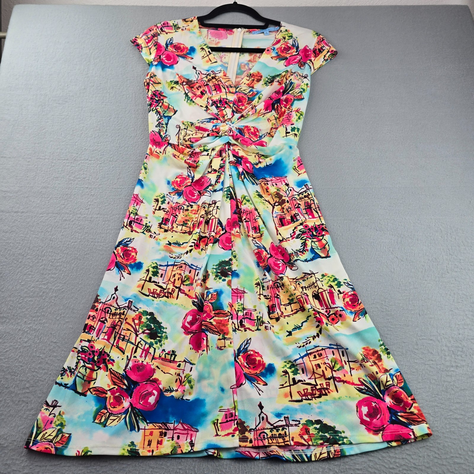 Antonio Melani A-Line Dress Womens S Multi Floral & Village Back Zip Twist Front
