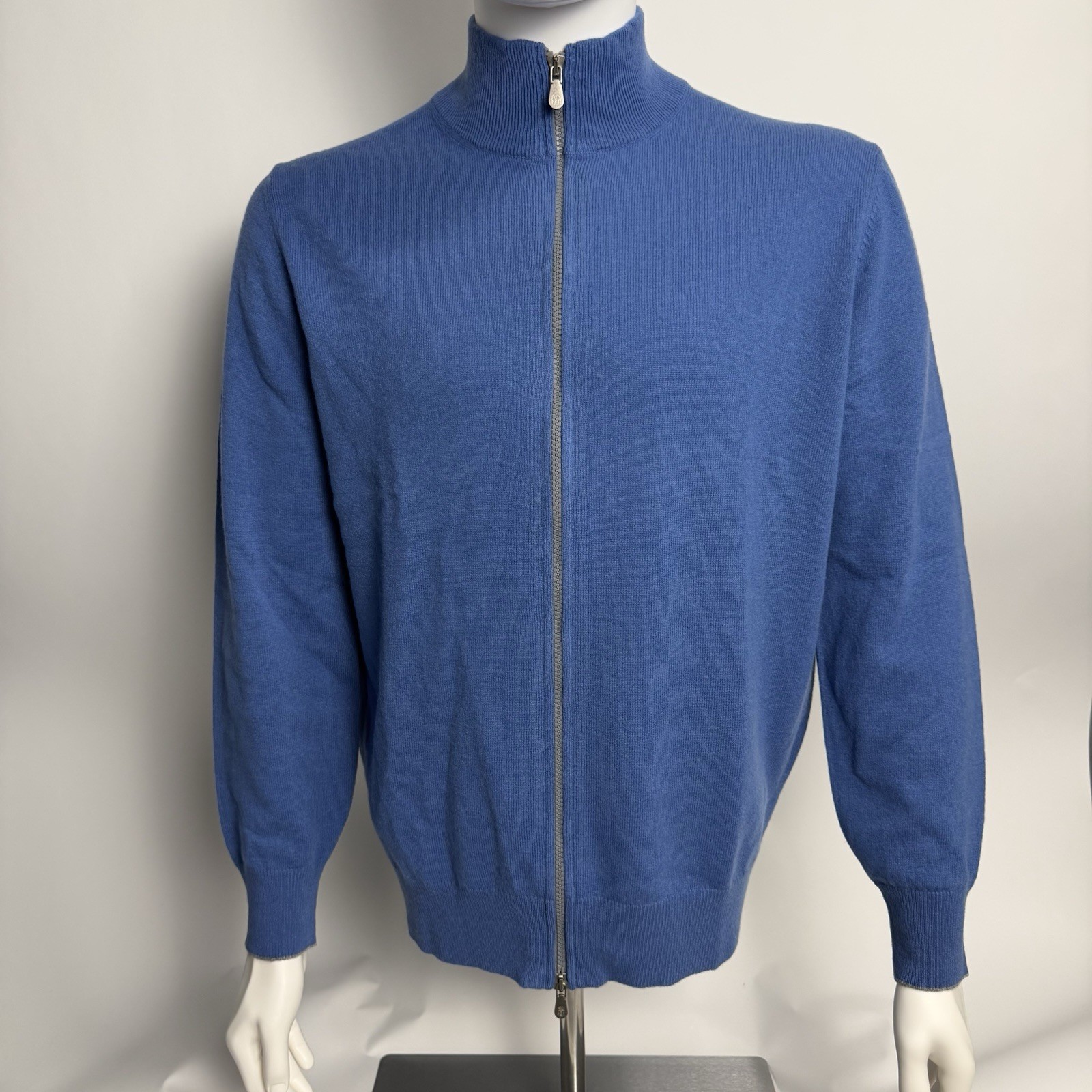 Brunello Cucinelli Men’s 52 Large Cashmere Cardigan Blue High Neck Zip Jacket
