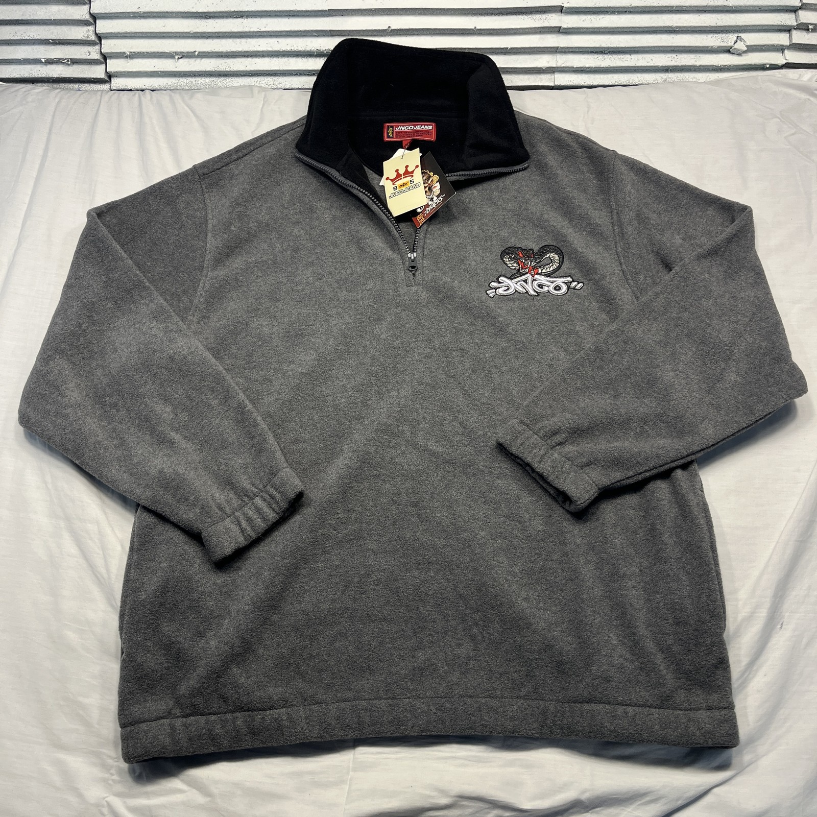 JNCO Jeans Pullover Mens XL Gray Embroidered Snake Fleece 1/4 Zip Vintage 2000s