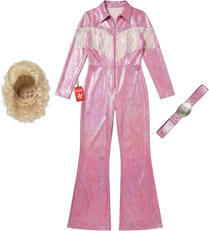 Women`s Country Singer Costume & Wig Adult Pink Dolly Parton Outfit S - XL