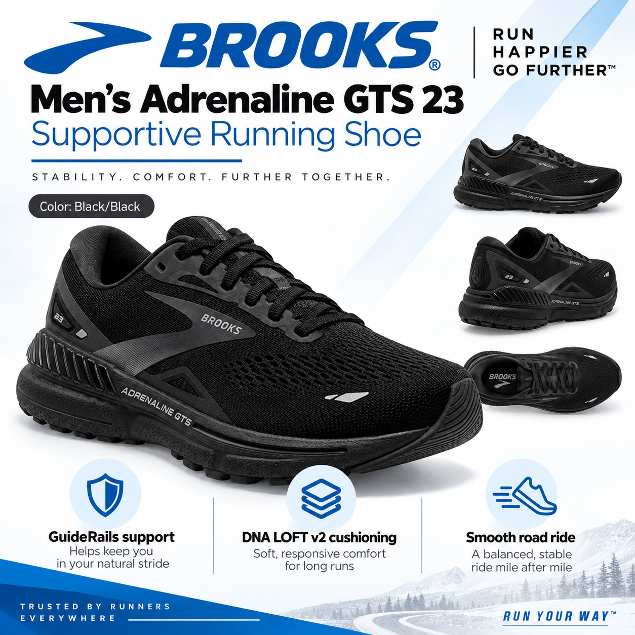 Brooks Adrenaline GTS 23 Black Ebony-Multiple sizes