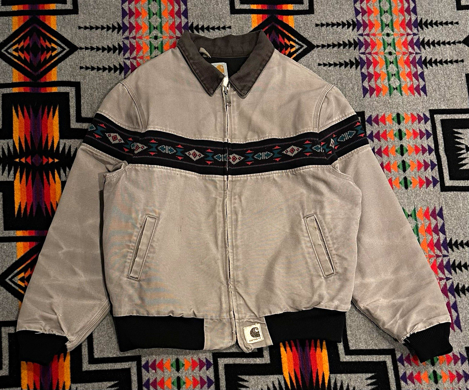 Vintage 1999 Carhartt Gray Aztec Santa Fe Men\'s Bomber Full Zip Size XL Westen