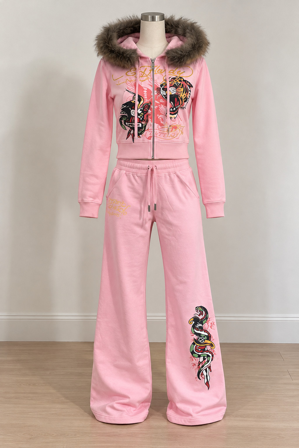 Ed Hardy pink Tiger Design Zip up Faux Fur Hoodie & wide leg trouser small
