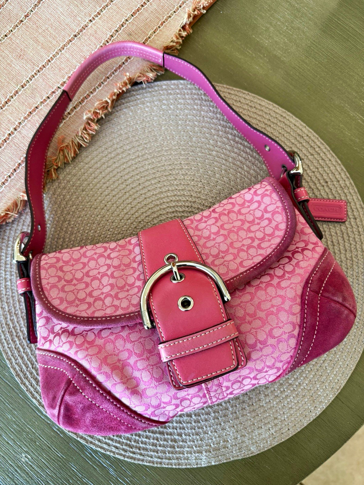Coach 6818 Vintage Pink Soho Y2K Signature C Jacquard Suede Buckle Flap Bag