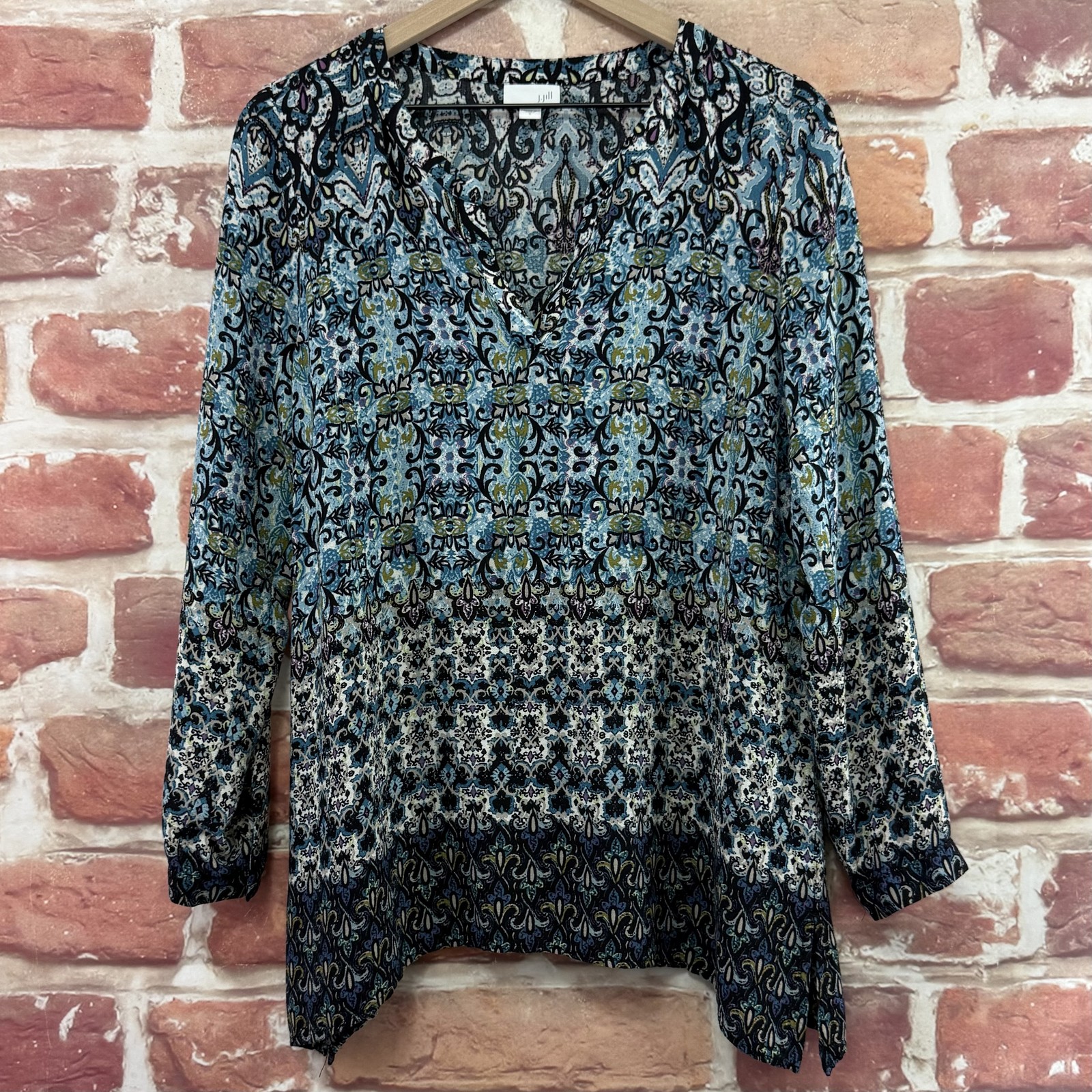 J. Jill Top Womens Small Blue Rayon Pullover 3/4 Sleeve Boho Paisley Tunic