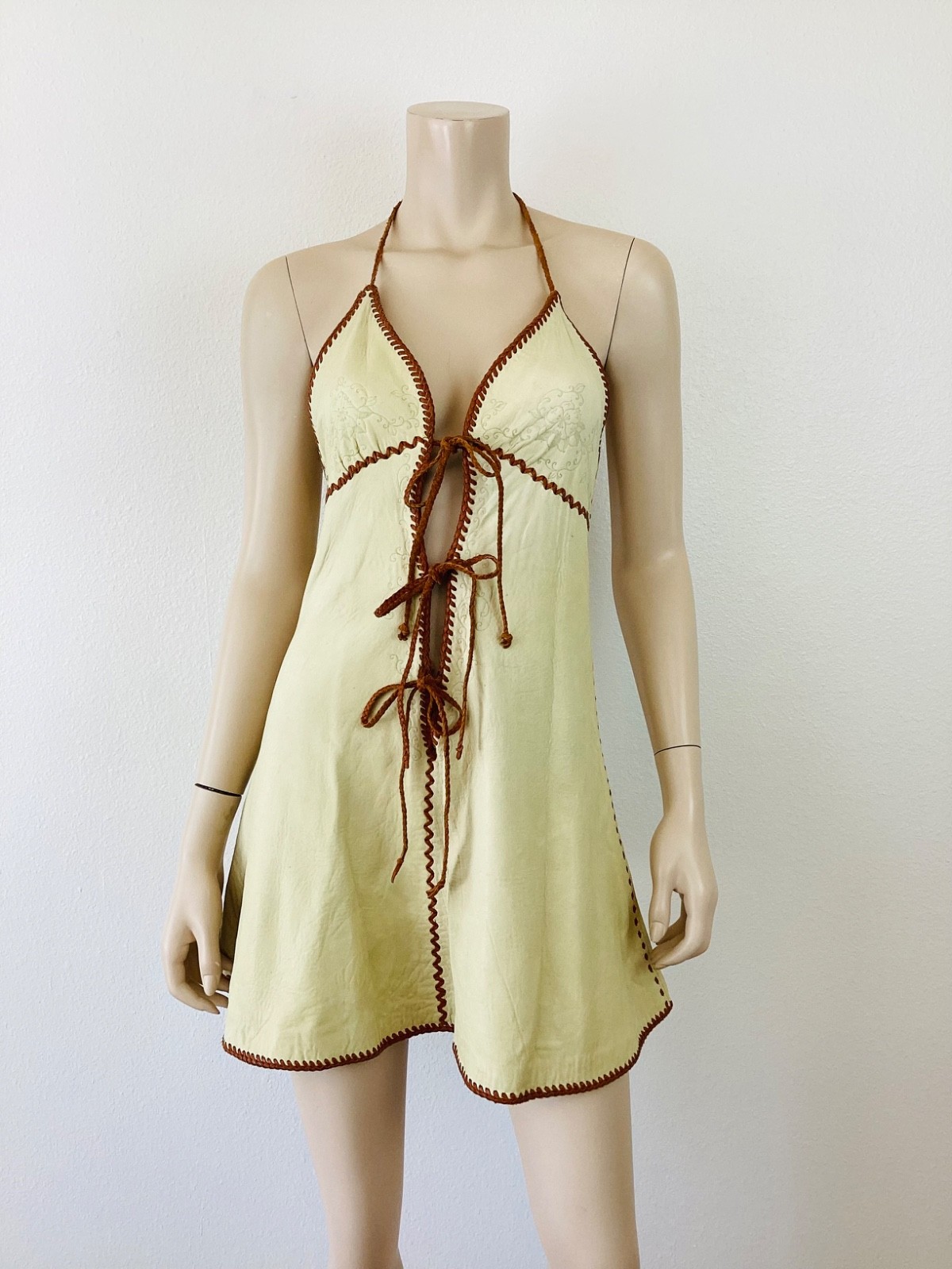 RARE Vintage 1970s NORTH BEACH LEATHER & Kenn Fung Lace Up HALTER MINI Dress S