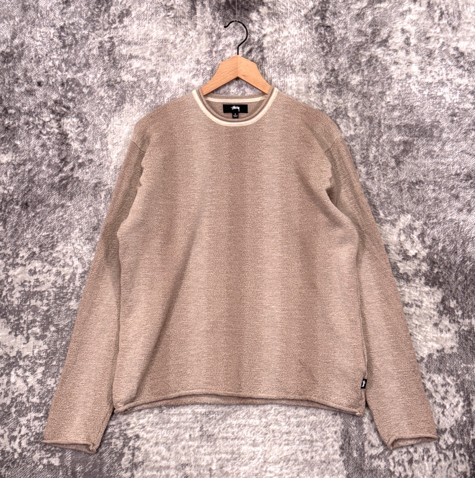Stussy Crewneck Sweater Large Mens Natural Shadow Stripe 100% Wool