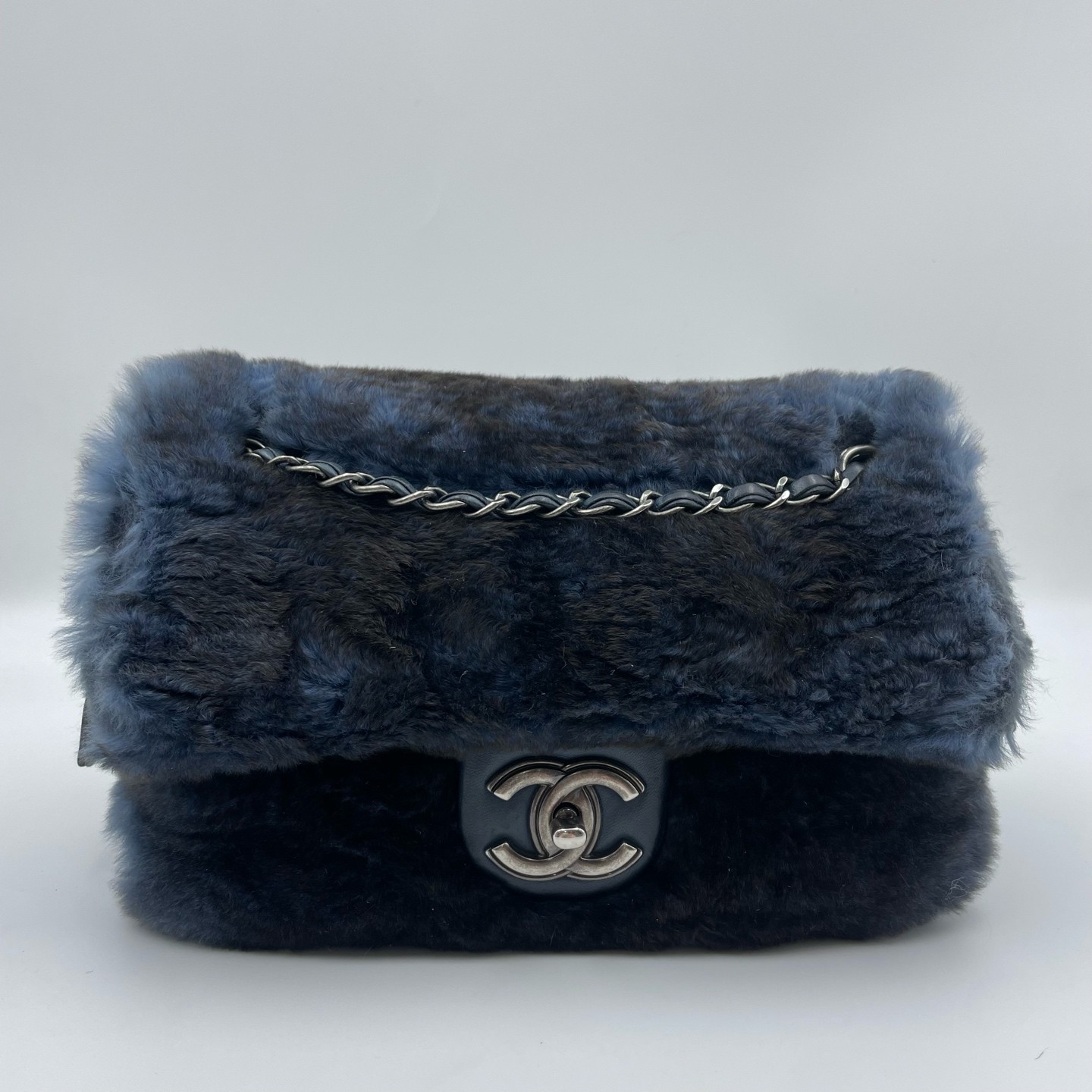 Chanel Classic Flap Medium Blue Fur Silver HW Shoulder Bag Preowned Authentic