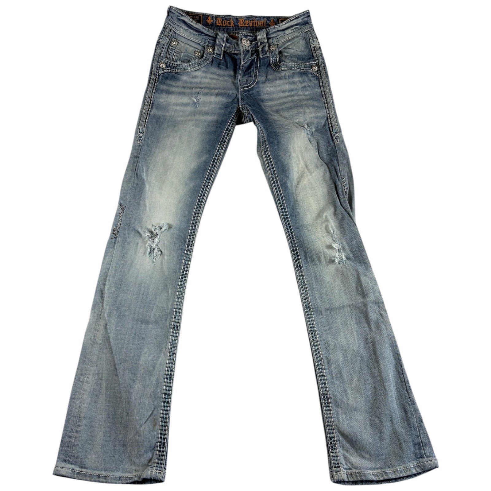 Rock Revival Malena Slim Bootcut Jeans Womens 26 Blue Denim Distressed Whiskered
