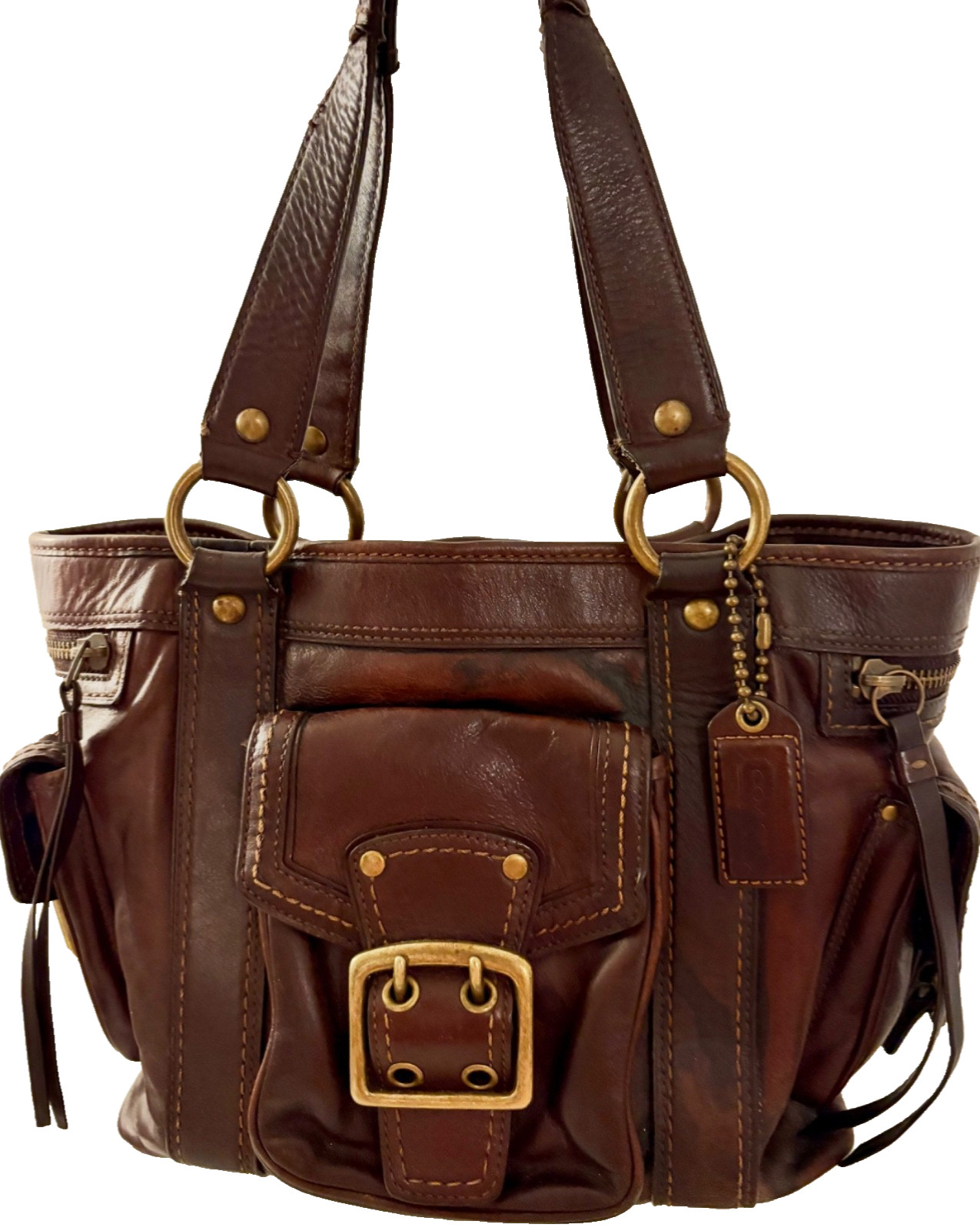 GUC RARE Vintage Coach Legacy 7574 Dark Brown Leather Tote Buckles Side Pockets