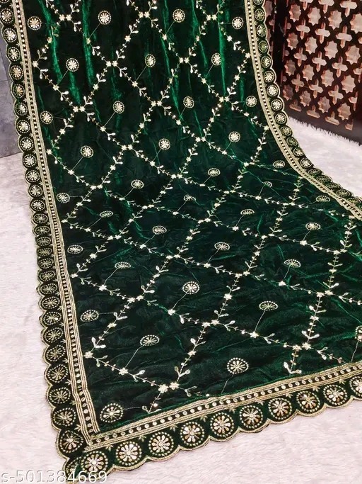 Green Embroidery Velvet Dupatta For Bride And Women Velvet Shawl Odhani Veil