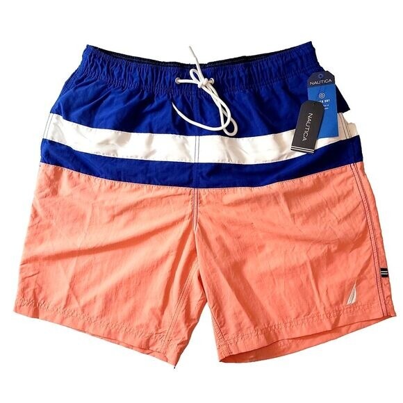 Nautica Swim Trunks Mens Small Pale Coral Blue Orange Colorblocked 8\
